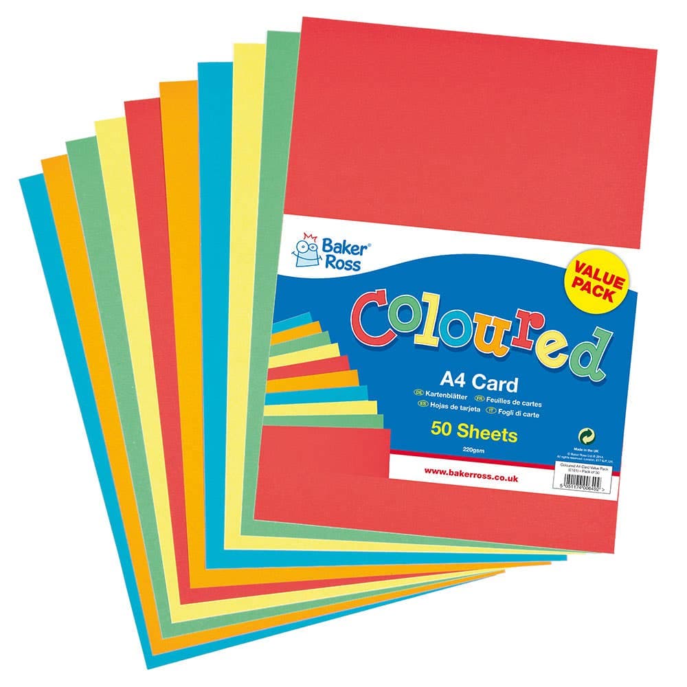Coloured A4 Card 220gsm (Pack of 50) Paper & Card, 5 Assorted Colours, Weight 220gsm