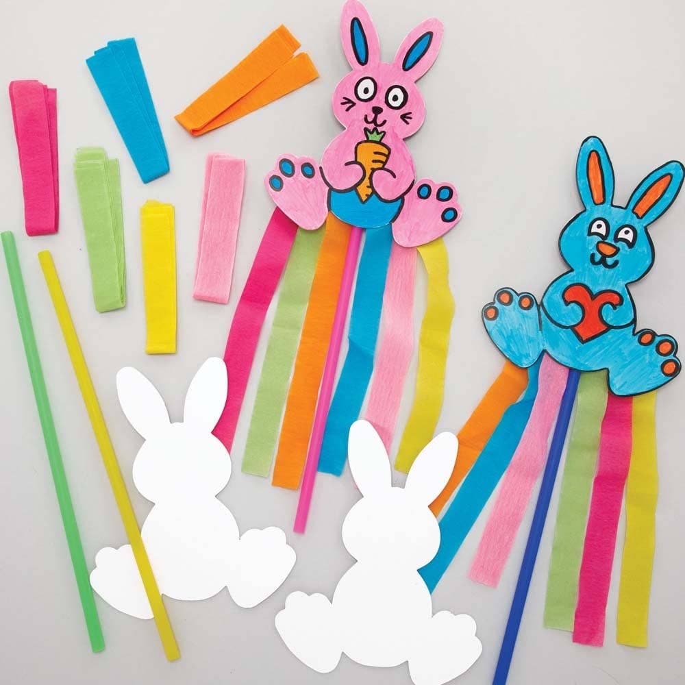 Bunny Wand Kits (Pack of 8) Easter Crafts For Kids 4 stick colours - Blue, Yellow, Green & Pink