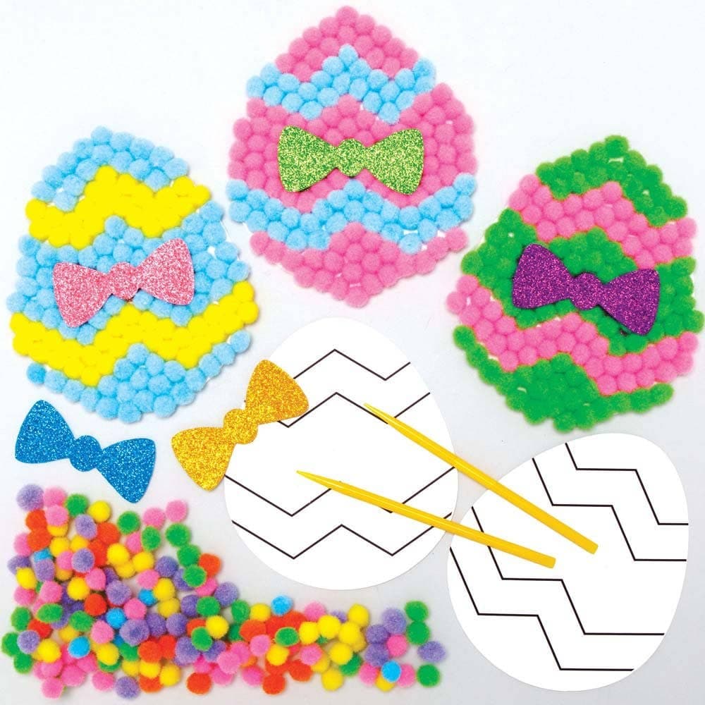 Easter Egg Pom Pom Art Kits (Pack of 5) 6 Assorted Pom Pom Colours & 5 Designs