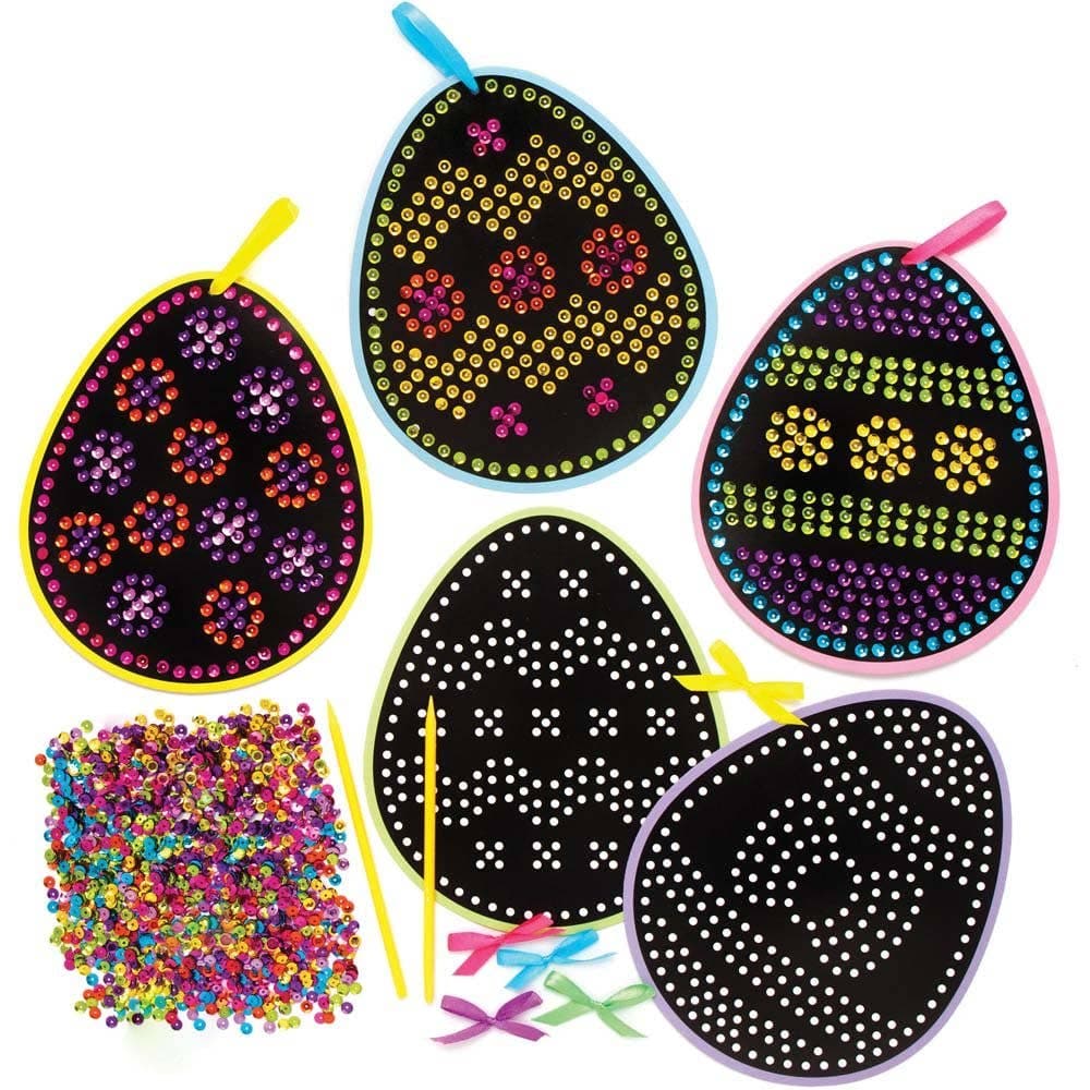 Easter Egg Sequin Decoration Craft Kits (Pack of 5) Easter Crafts For Kids 5 assorted ribbon colours - Purple, Pink, Blue, Green & Yellow