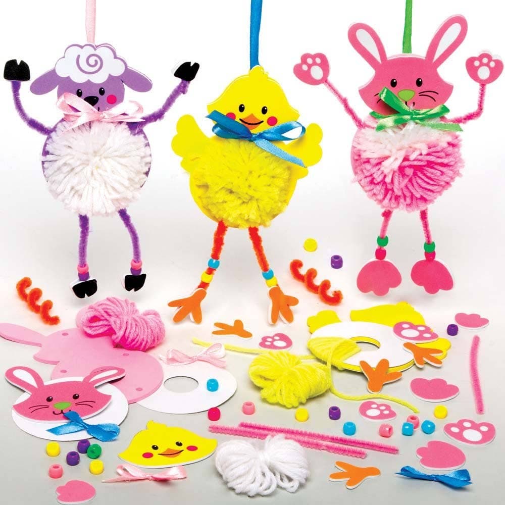Easter Pom Pom Craft Kits (Pack of 3) Pom Pom Maker Included, 3 Assorted Wool Colours, Bunny, Chick & Lamb Designs