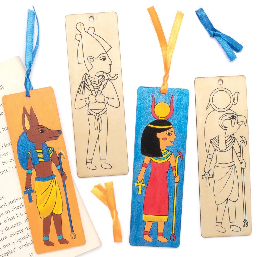 Egyptian Wooden Bookmarks (Pack of 8) Decoration Craft Kits, 2 Assorted Ribbon Colours - Red & Orange