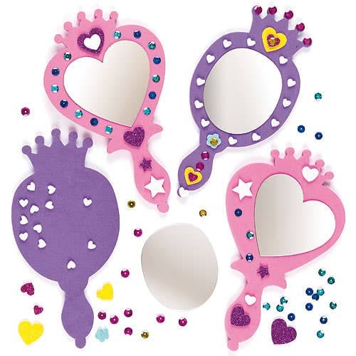 Princess Mirror Kits (Pack of 4) Craft Kits For Kids, 2 Assorted Designs, Foam Decorations & Sequins Included, Size 19cmn