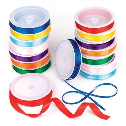 Coloured Satin Ribbon Value Pack (Pack of 16 Reels) 8 Assorted Colours, 7.5m Ribbon Per Reel, Widths 4mm-10mm