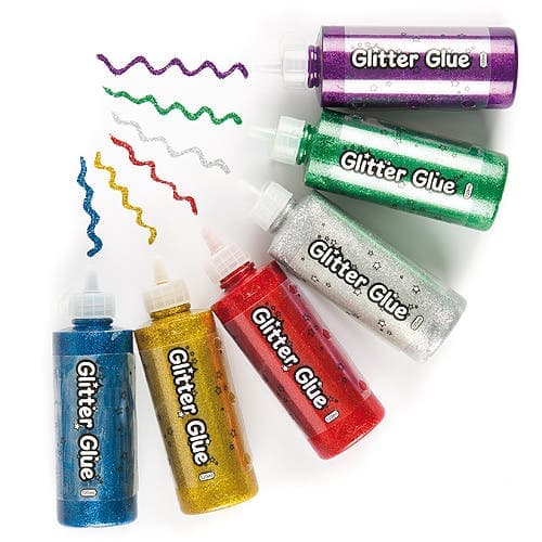 Jumbo Glitter Glue (Pack of 6) Bottle Size 120g, 6 Colours - Red, Gold, Silver Blue & More, Squeezy Bottles & Fine Nozzle
