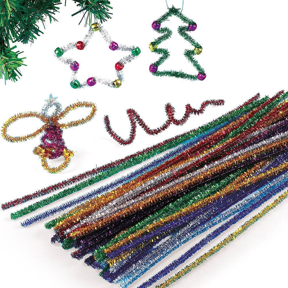 Tinsel Pipe Cleaners (Pack of 72) Christmas Craft Supplies, Assorted Glitter Colours, Size 30cm