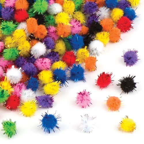 Self-Adhesive Glitter Pom Poms (Pack of 150) Craft Embellishments Colours include black, white, red, orange, yellow, green, blue, purple and pink