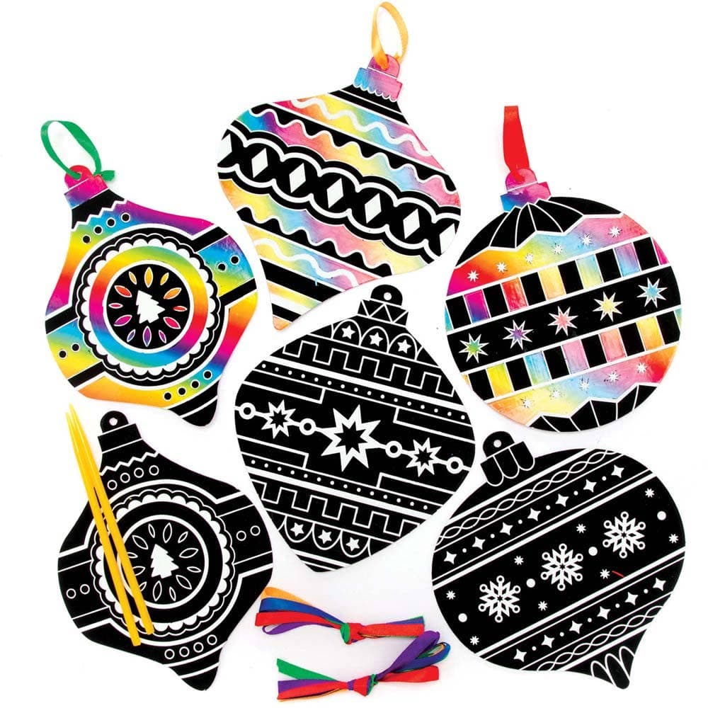Christmas Bauble Scratch Art Decorations (Pack of 10) Christmas Crafts 5 ribbon colours - Red, Blue, Green, Purple & Orange