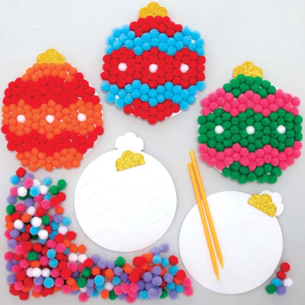 Christmas Bauble Pom Pom Art Kits (Pack of 5) Christmas Crafts 7 pom pom colours - Blue, Green, Red, Orange, Purple, Pink & White