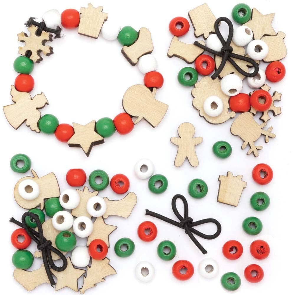 Design Your Own Christmas Wooden Charm Bracelet Kits (Pack of 3) Christmas Crafts 3 bead colours - Red, Green & White