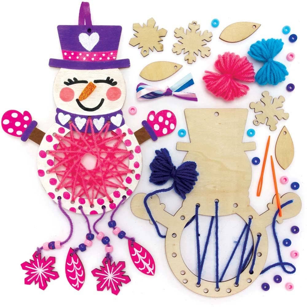 Snowman Wooden Dreamcatcher Kits (Pack of 4) Christmas Crafts 4 wool colours - Light Blue, Dark Blue, Purple & Pink