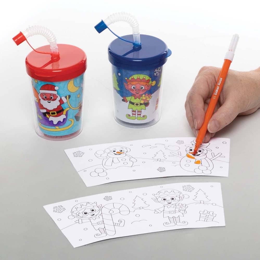 Christmas Colour-in Bendy Straw Cups (Pack of 3) Christmas Crafts 3 lid colours - Green, Red & Blue
