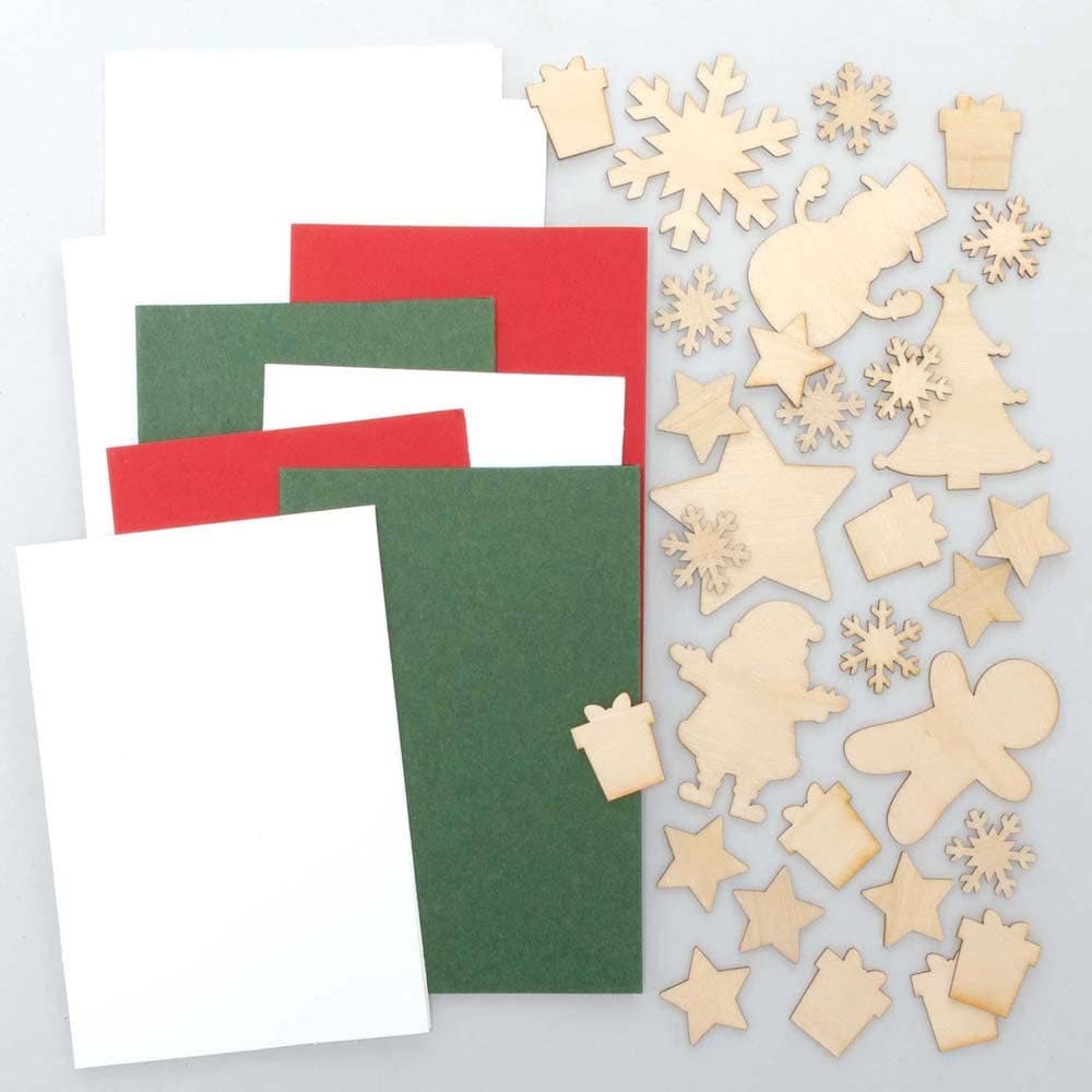 Christmas Wooden Charm Greeting Card Kits (Pack of 6) Christmas Crafts 3 card colours - Red, Green & White
