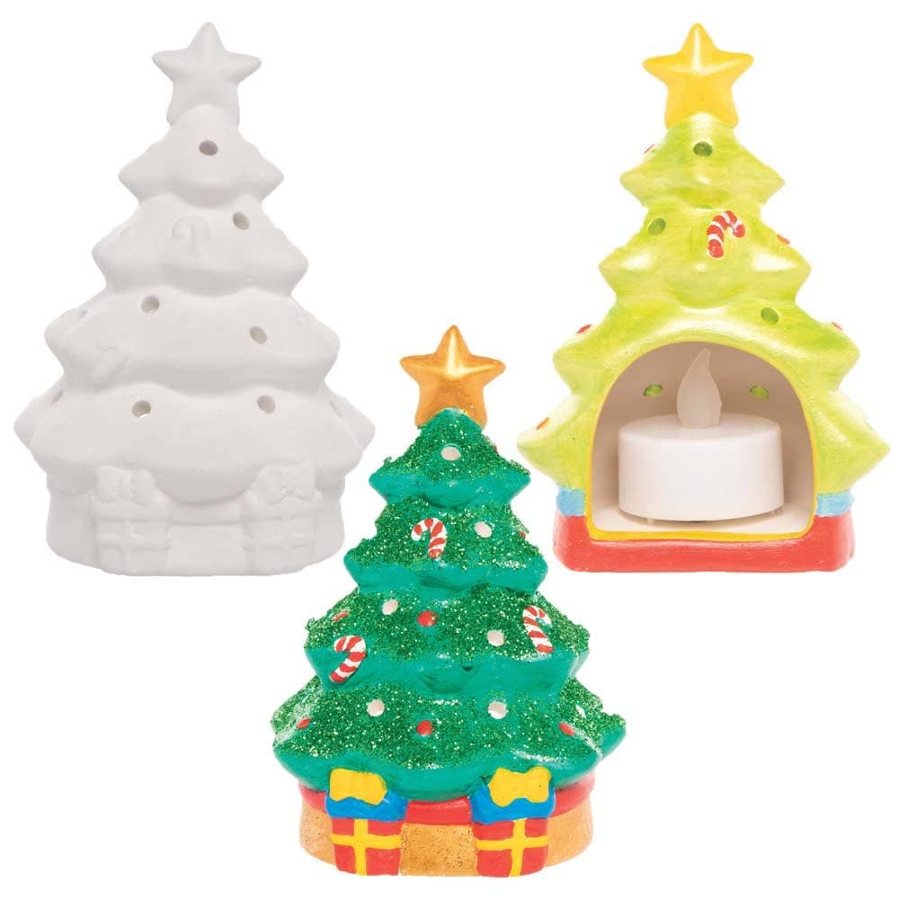Christmas Tree Ceramic Tealight Holders (Box of 3) Christmas Crafts, Paint & Decorate, 8cm x 12cm x 6.5cm