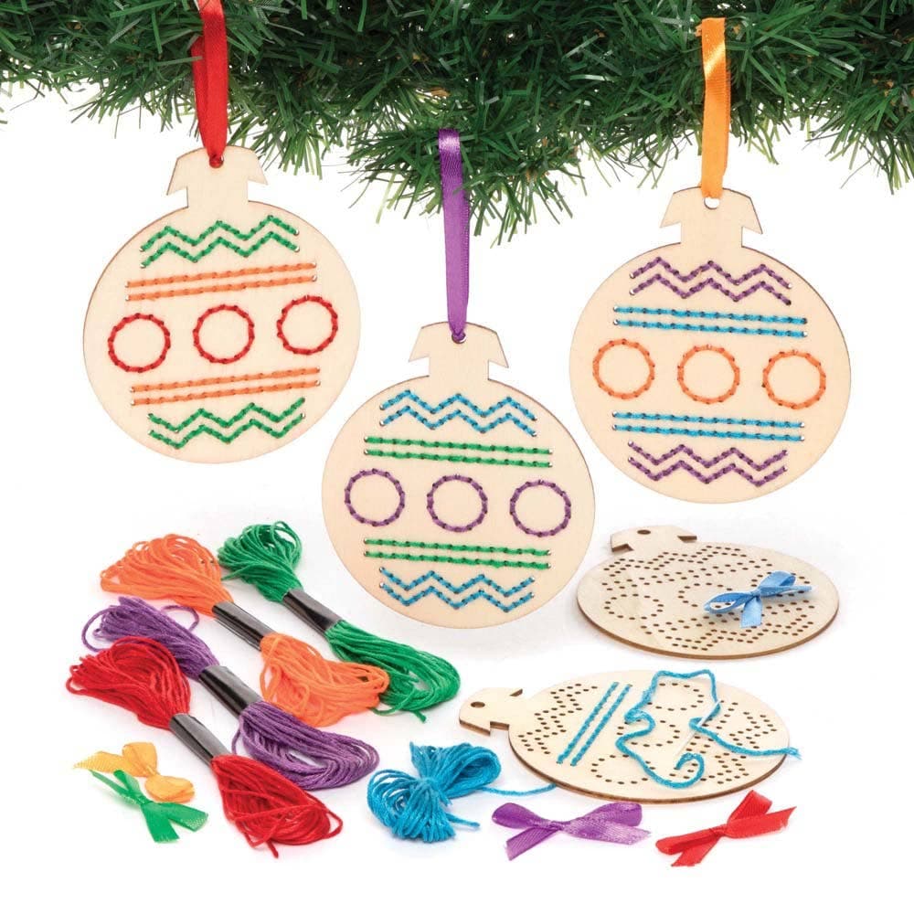 Christmas Bauble Wooden Threading Decoration Kits (Pack of 5) Christmas Crafts 5 thread colours - Red, Blue, Green, Orange and Purple