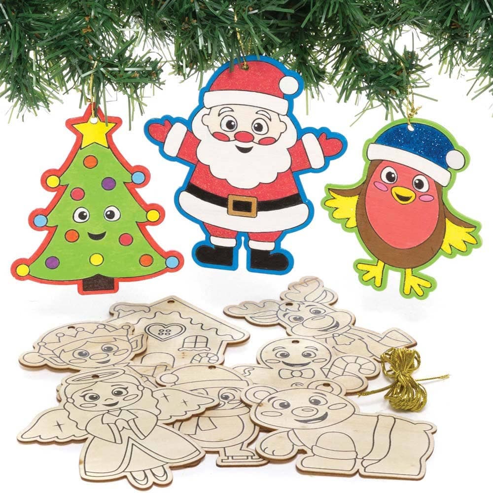 Christmas Colour-in Wooden Decorations (Pack of 12) Christmas Crafts, 12 Assorted Designs, Gold Cord Included