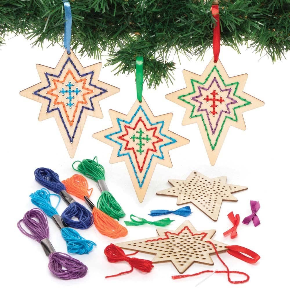 Nativity Star Wooden Threading Kits (Pack of 5) Christmas Crafts 6 thread colours - Red, Blue, Green, Purple, Blue & Orange
