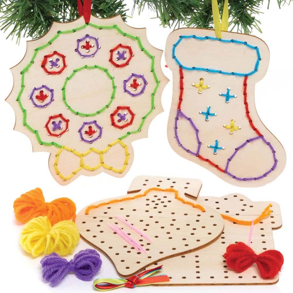 Christmas Wooden Threading Decoration Kits (Pack of 5) Christmas Crafts 6 wool colours - Red, Orange, Yellow, Green, Blue & Purple