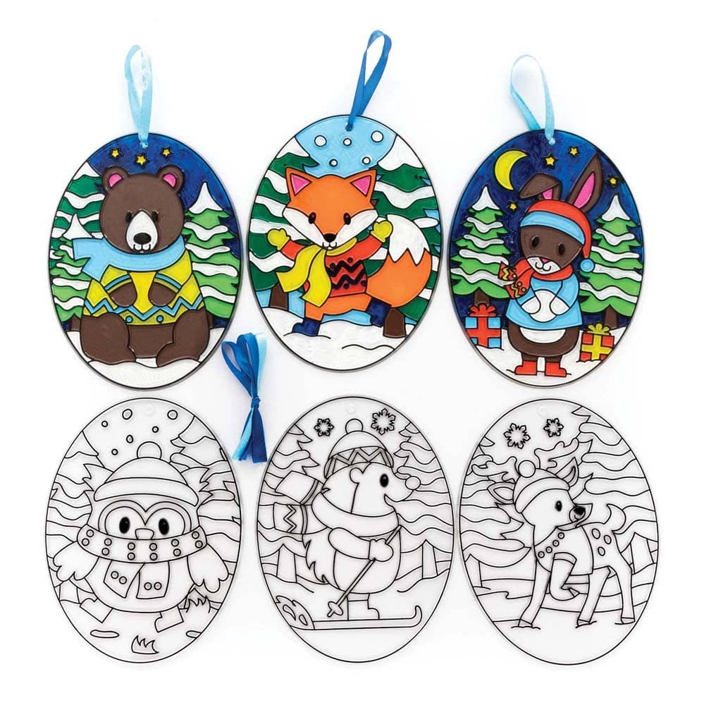 Winter Woodland Suncatcher Pictures (Pack of 6) Art Craft Kits 2 ribbon colours - Light Blue & Dark Blue