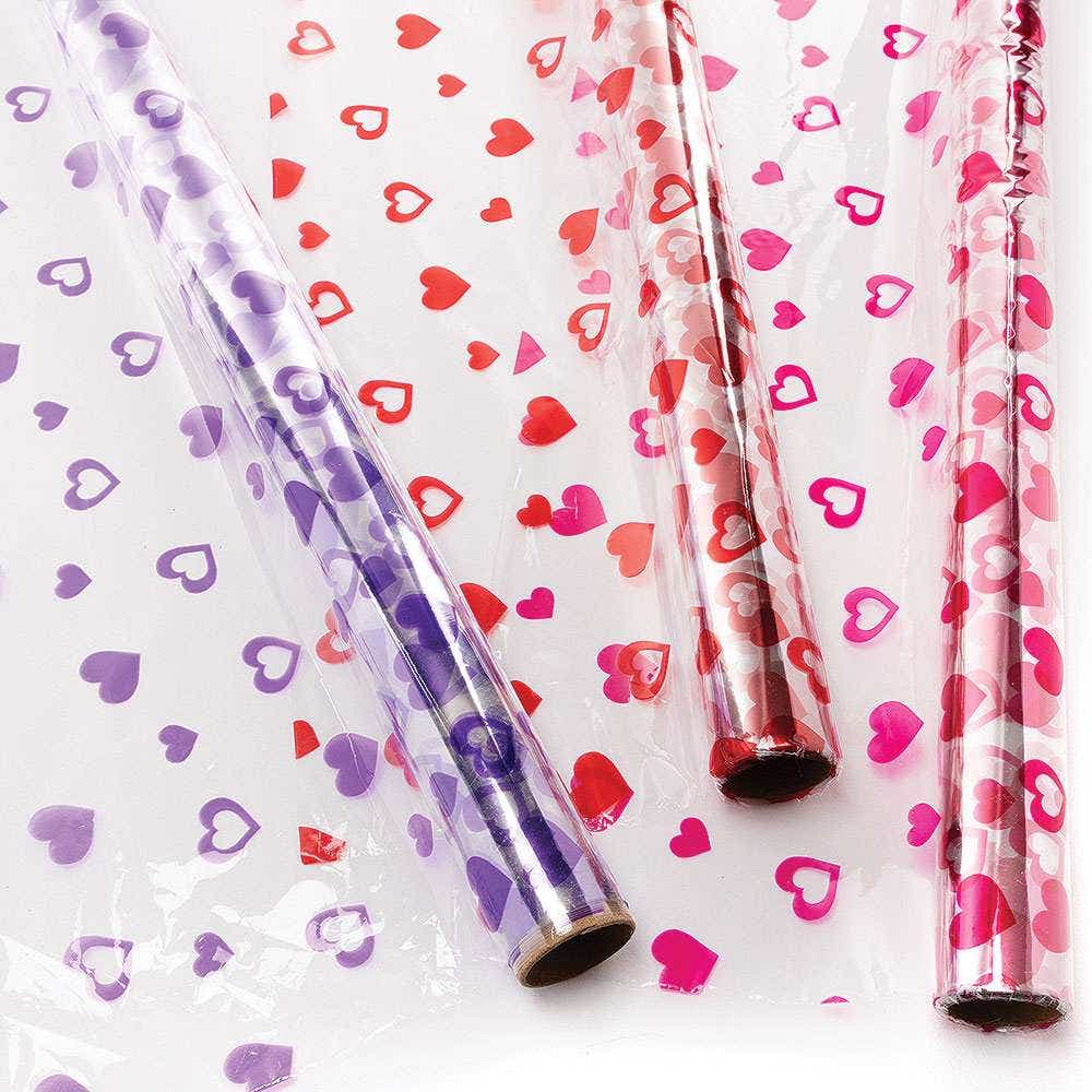 Heart Cellophane Rolls 2m x 70cm (Pack of 3) Party Bags 3 assorted colours - Red, Pink & Purple