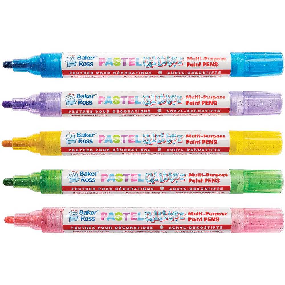 Pastel Glitter Multi-Purpose Deco Paint Pens (Pack of 5) Broad Tip, Oil-Based Acrylic Paint, Gloss Finish, 6 Assorted Colours