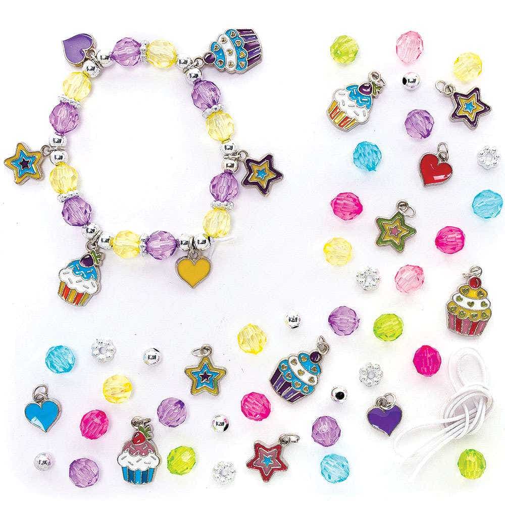 Cupcake Charm Bracelet Kits (Pack of 3) Jewellery 3 assorted colourways - Pink/Green, Purple/Yellow & Blue/Pink
