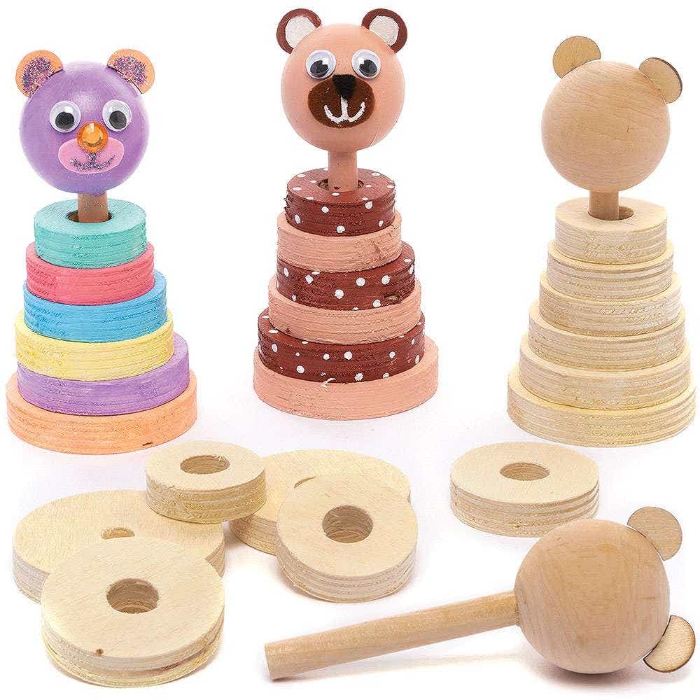 Teddy Bear Wooden Stacking Kits (Pack of 2) Design Your Own, Easy Self Assemble, Crafts Toys For Kids