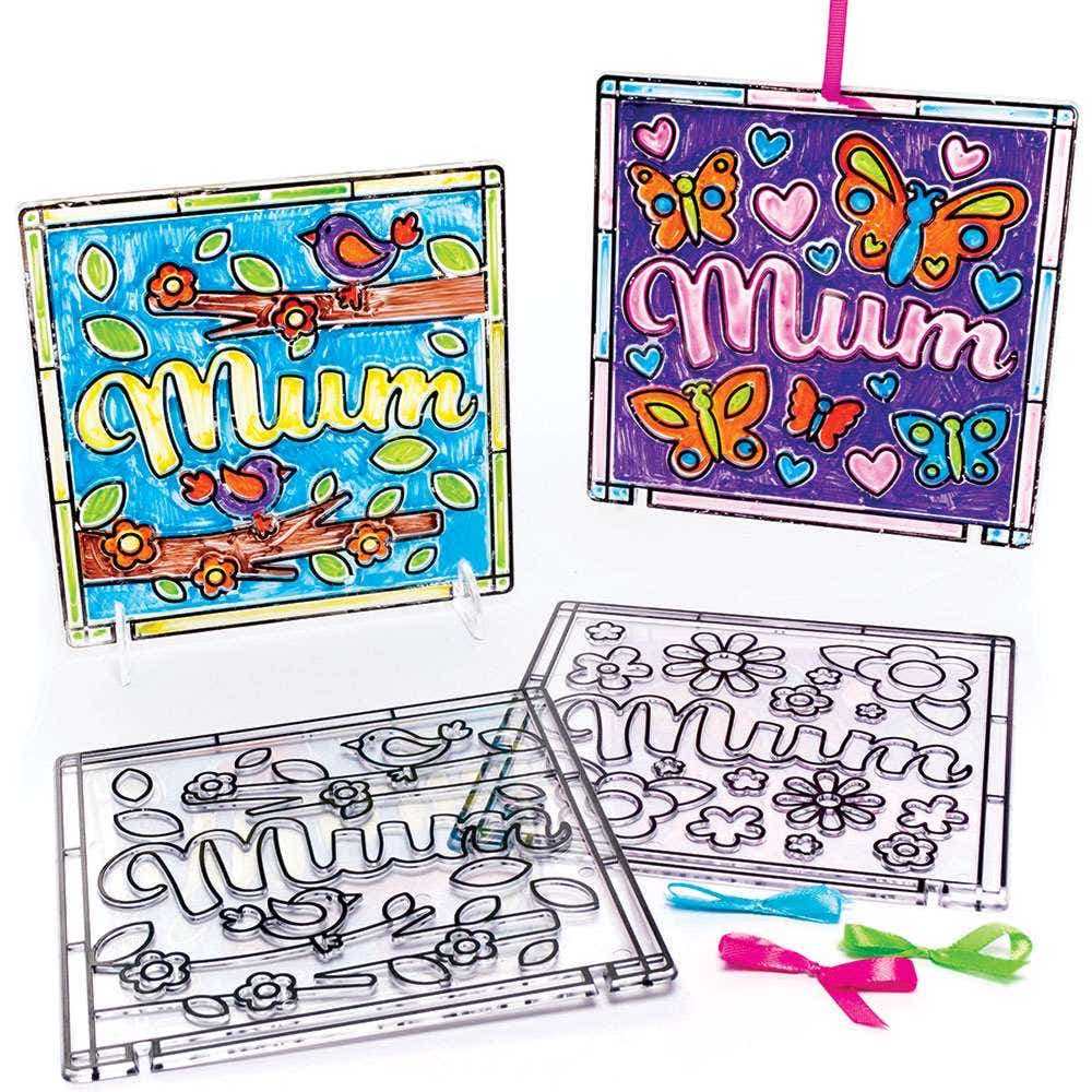 Mother's Day Suncatcher Pictures (Pack of 4) Art Craft Kits, 4 Assorted Acrylic Pictures, Stands & Hanging Ribbon Included