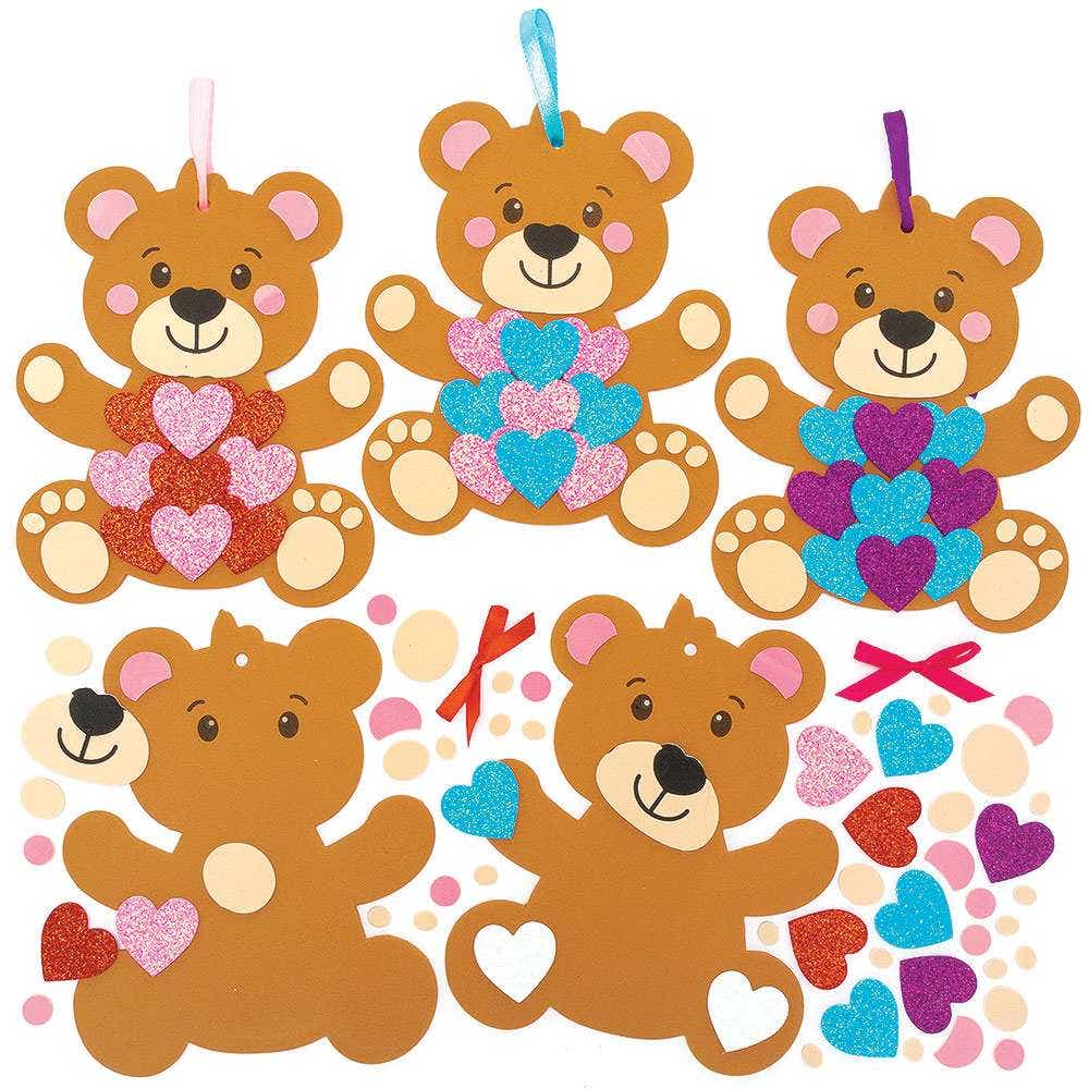 Love Bear Heart Decoration Kits (Pack of 5) 5 Assorted Colourways/Designs, Size 15cm, No Glue Required, Mess-Free