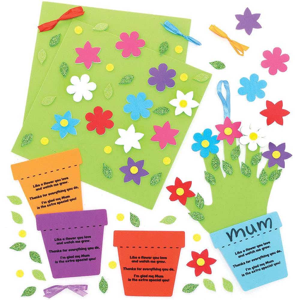 Mother's Day Handprint Poem Decoration Kits (Pack of 4) Decoration Craft Kits, No Glue Required, 4 Pot Colours, 20cm x 20cm