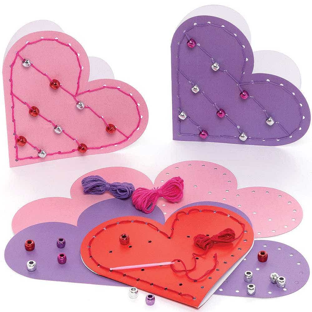 Heart Bead Threading Greeting Card Kits (Pack of 6) Art Craft Kits 3 card colours - Pink, Red & Purple