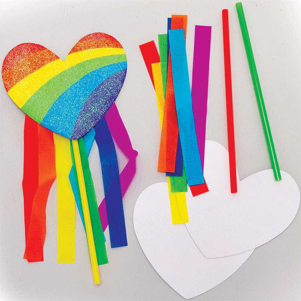 Rainbow Heart Wand Kits (Pack of 8) Craft Kits For Kids 7 assorted colour streamers - Red, Orange, Yellow, Green, Blue, Indigo & Violet