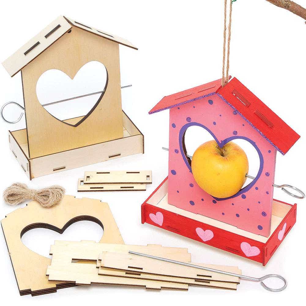 Heart Wooden Bird Feeder Kits (Pack of 2) Self-Assemble, Size 15cm x 17cm, DIY Crafts, Hanging String Included