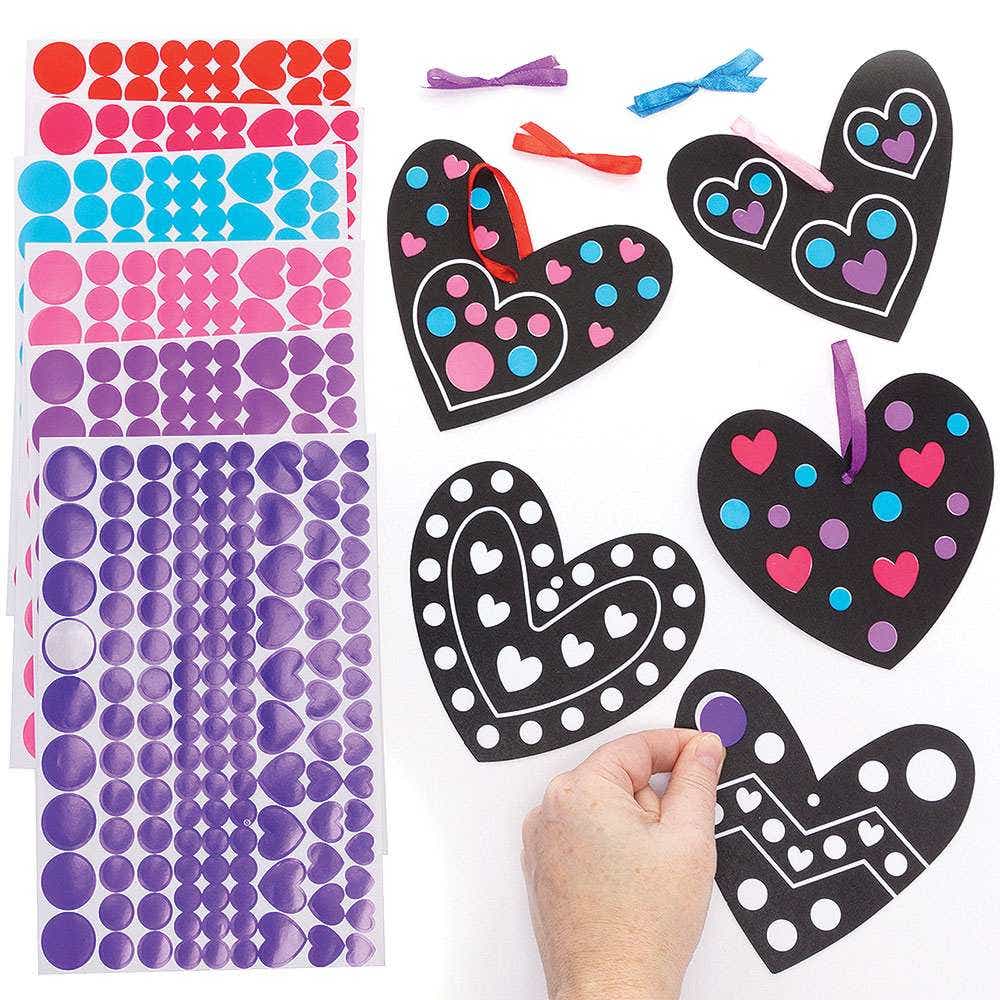 Heart Dotty Art Decorations (Pack of 12) 6 Assorted Sticker Colours, 12 Designs, Size 11cm, Hanging Ribbon Included