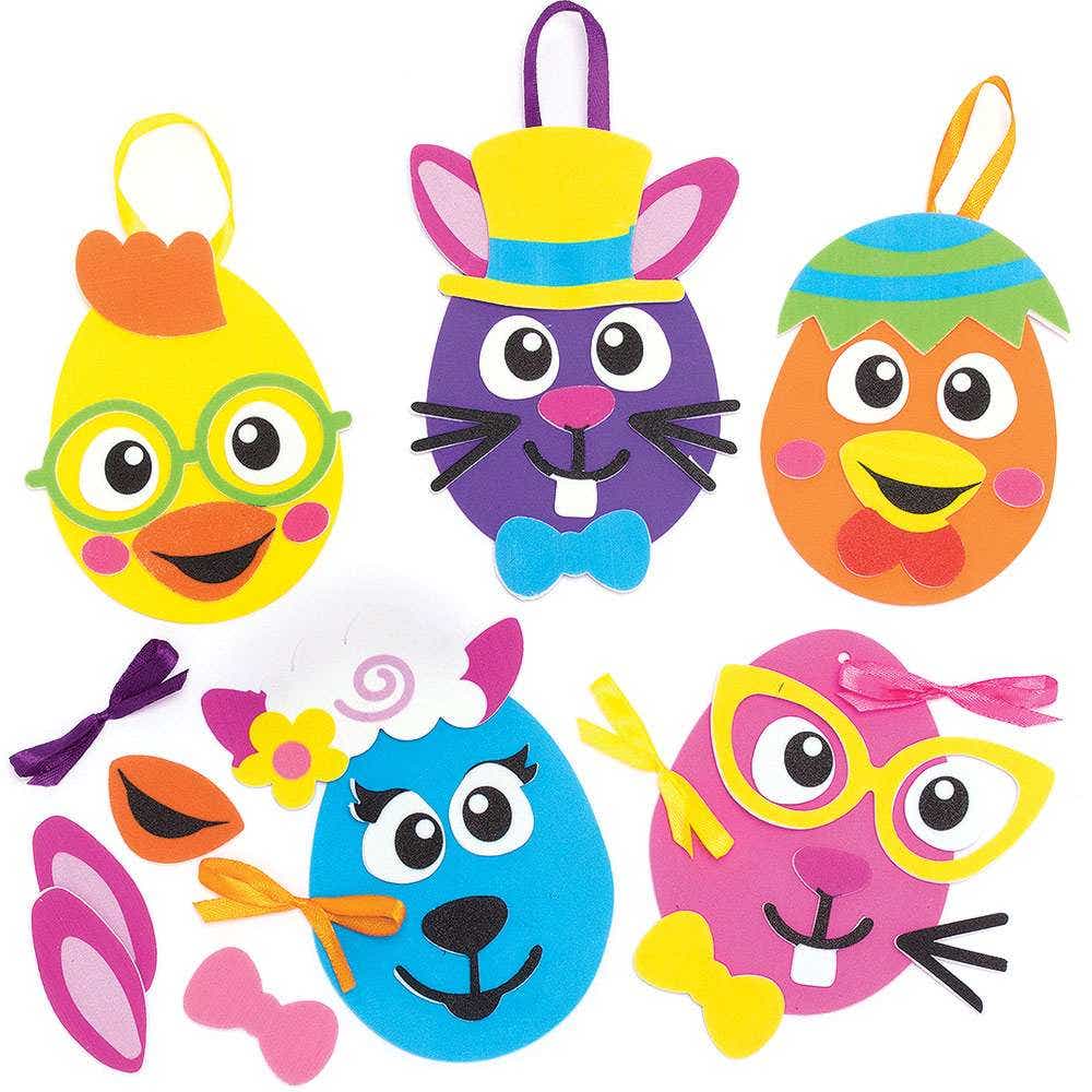 Easter Egg Funny Face Decoration Hanging Kits (Pack of 8) Mix & Match, 6 Assorted Egg Colours & 8 Designs, Foam Decorations
