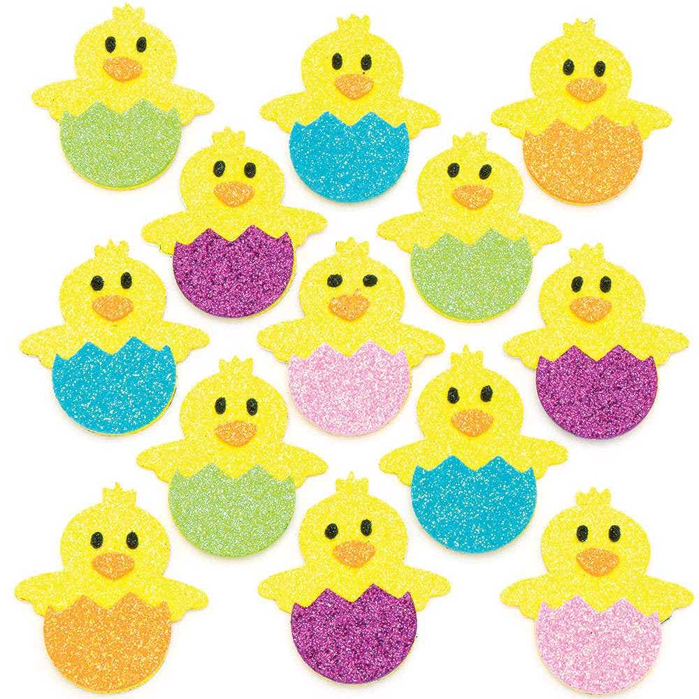 Easter Chick Glitter Foam Stickers (Pack of 100) Easter Craft Supplies 5 assorted egg colours - Purple, Pink, Blue, Green & Orange