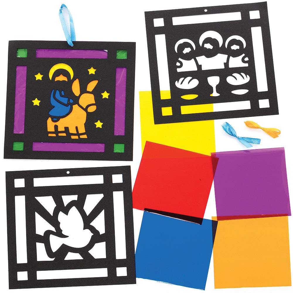 Holy Week Stained Glass Decoration Kits (Pack of 6) Easter Crafts For Kids, 6 Assorted Designs & Cellophane Colours Included