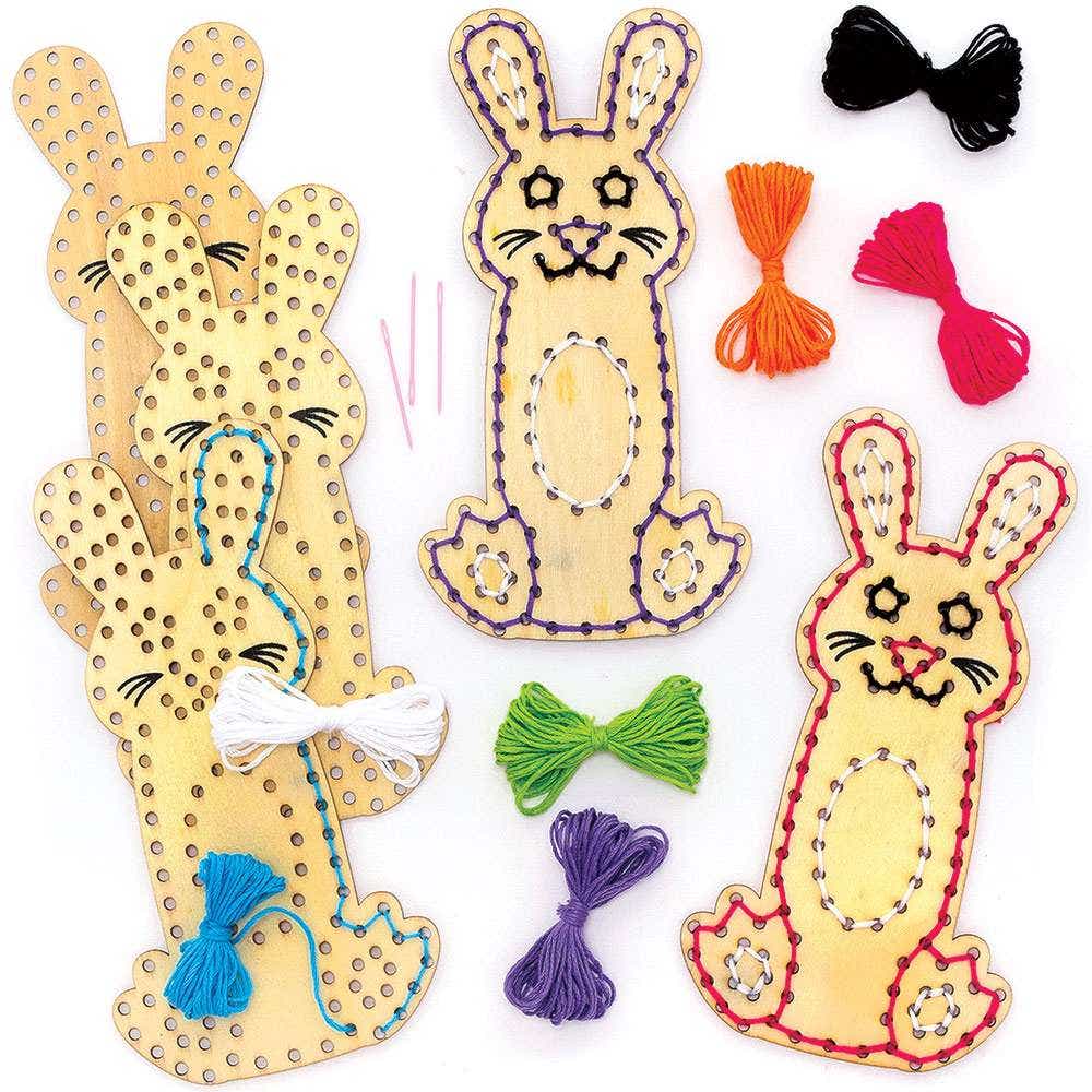 Easter Bunny Wooden Threading Bookmark Kits (Pack of 5) 7 Embroidery Thread Colours Included, 5 Designs