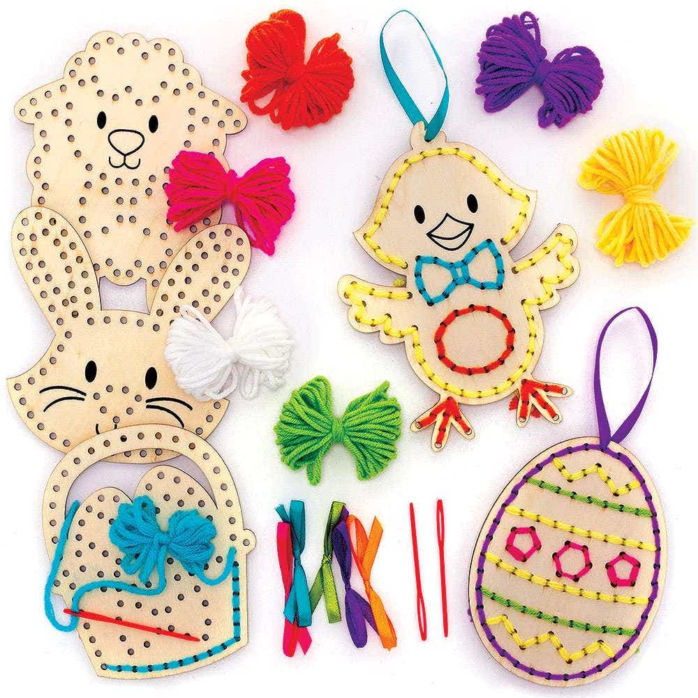 Easter Wooden Threading Decoration Kits (Pack of 5) Pre-Punched Holes, 7 Assorted Wool Colours & 5 Designs