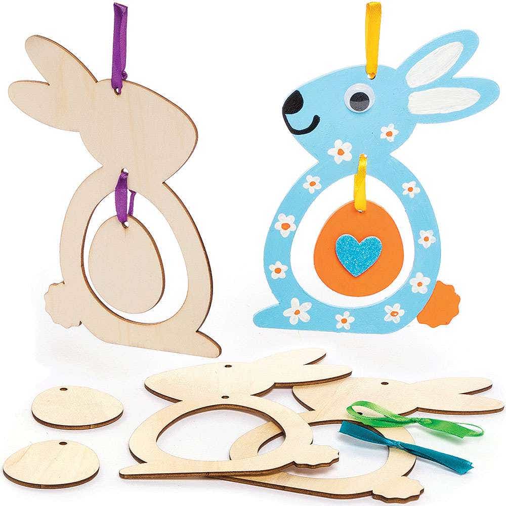 Bunny Wooden Decorations (Pack of 5) Easter Crafts For Kids 5 ribbon colours - Orange, Purple, Green, Pink & Blue