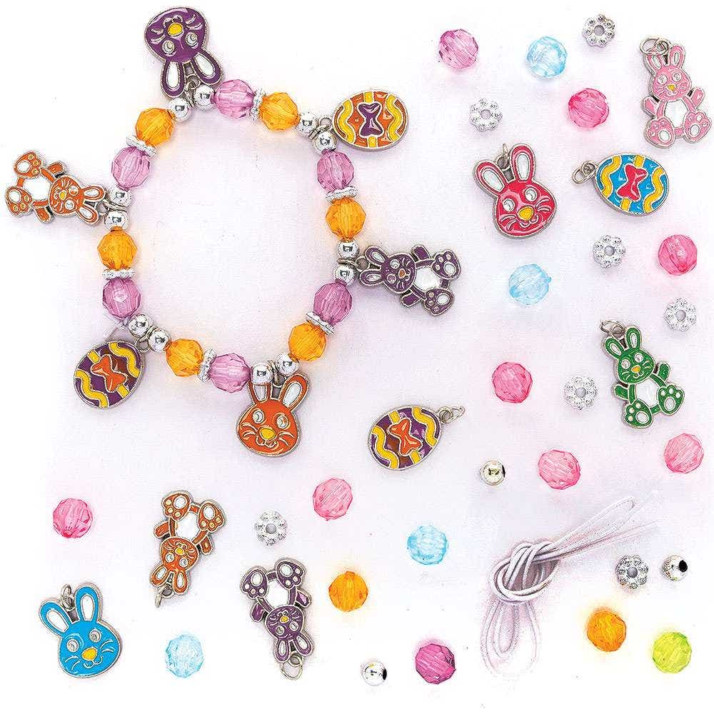 Easter Bunny Charm Bracelet Kits (Pack of 3) Easter Crafts For Kids 3 assorted colourways - Pink/Green, Pink/Blue & Purple/Orange