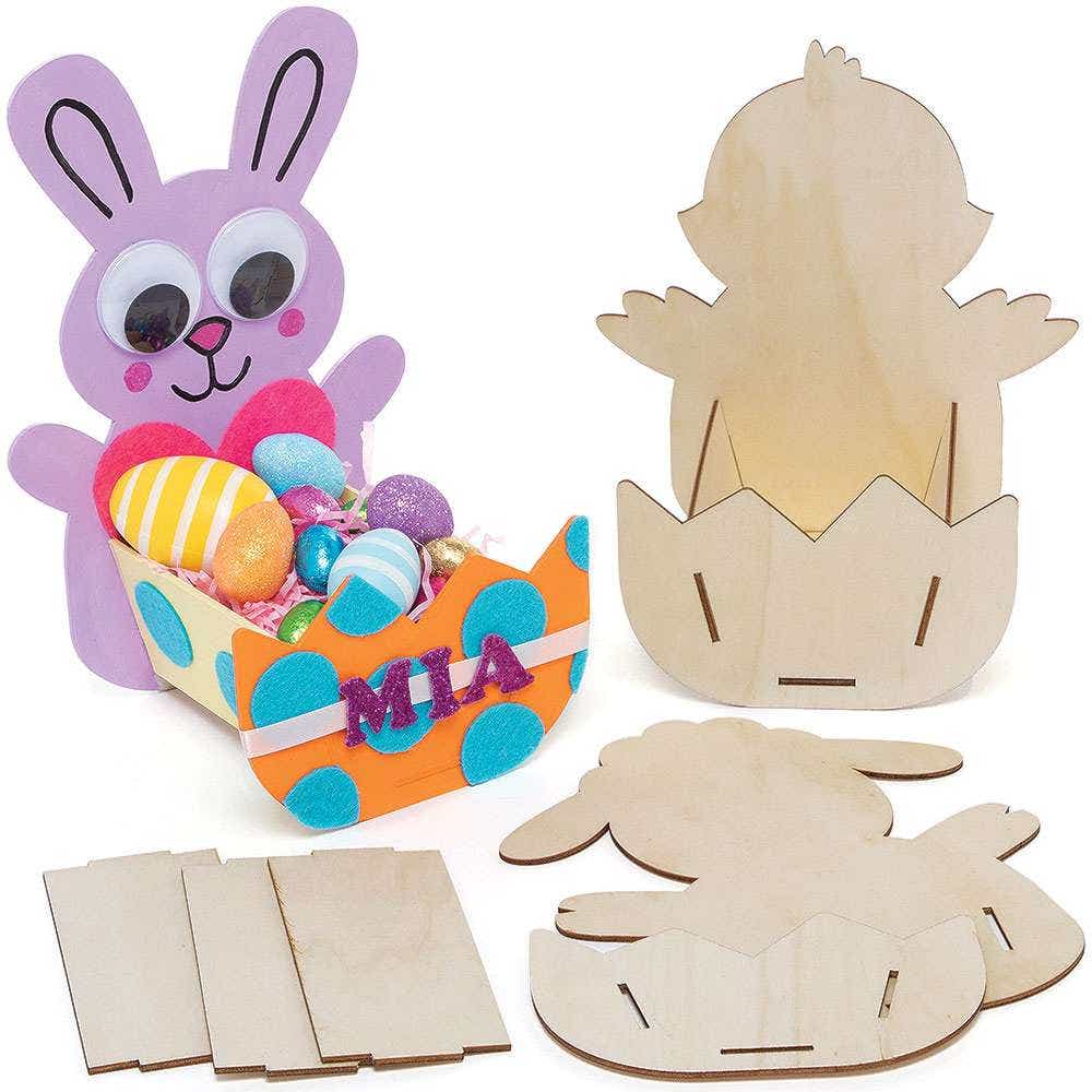 Easter Wooden Basket Kits (Pack of 3) Bunny, Chick & Lamb Designs, Decorate Your Own