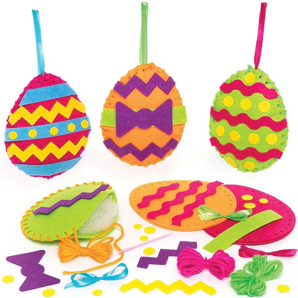 Easter Egg Sewing Kits (Pack of 3) Egg Templates, Felt Shapes, Wool, Plastic Needle, Stuffing & More Included, 3 Assorted Colours
