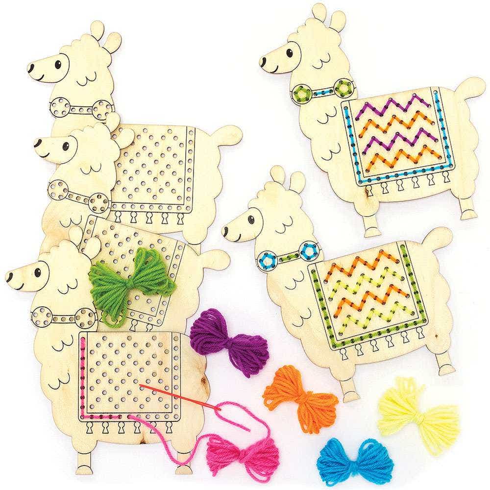 Llamas Wooden String Art Threading Kits (Pack of 4) Sewing & Weaving Craft Kits 6 assorted wool colours - Orange, Pink, Green, Yellow, Purple & Blue