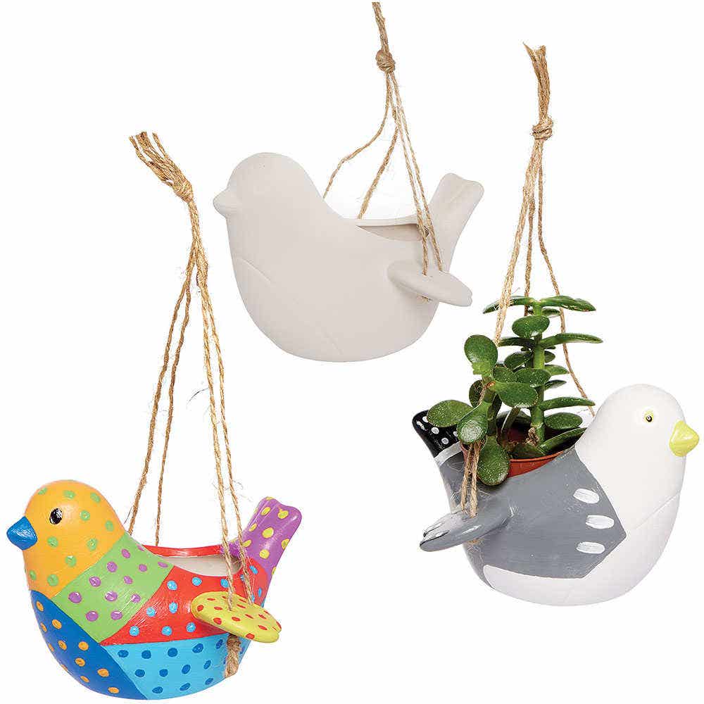 Bird Ceramic Hanging Flowerpots (Box of 3) 13cm x 9cm, Paint Your Own Ceramics, Hanging String Included