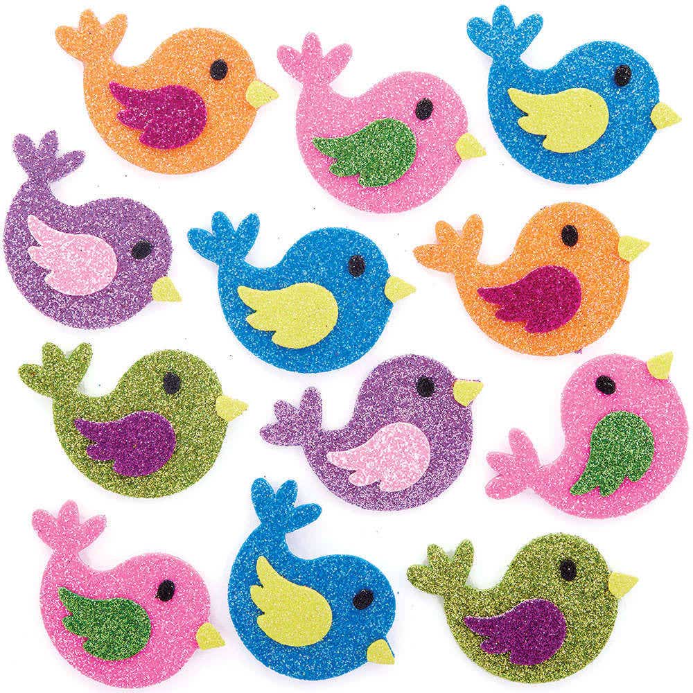 Bird Glitter Foam Stickers (Pack of 100) Stickers 5 assorted bird colours - Pink, Orange, Green, Purple & Blue