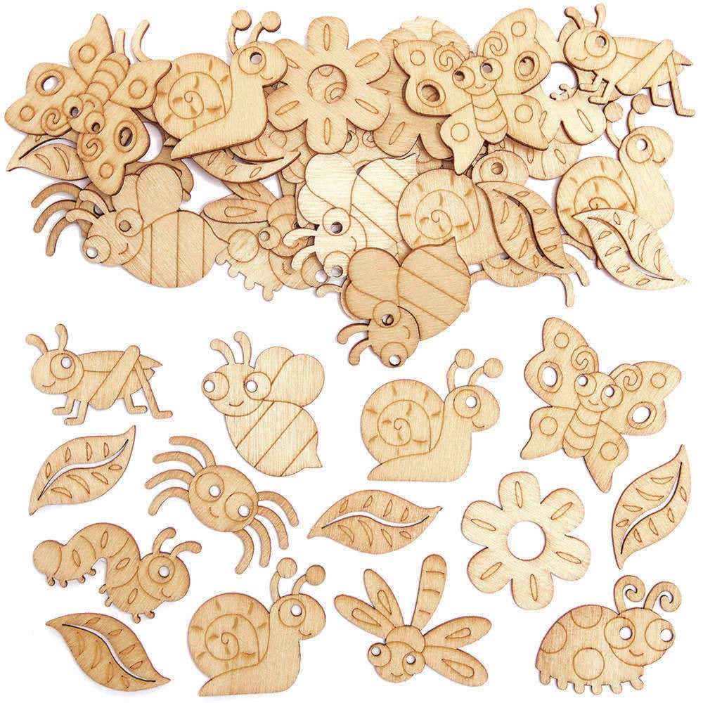 Insect Bug Mini Wooden Shapes (Pack of 100) 10 Assorted Designs - Butterfly, Snail, Dragonfly & More