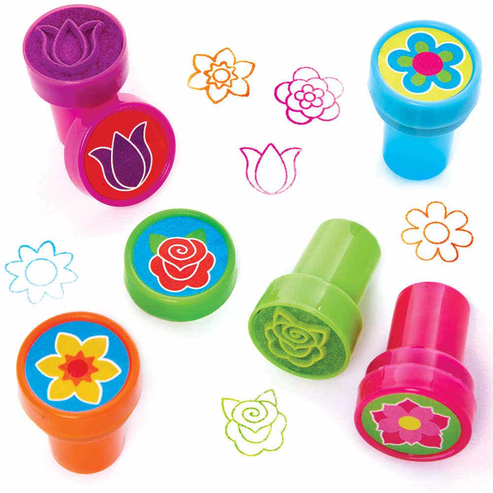 Flower Self-Inking Stampers (Pack of 10) Small Toys 5 assorted ink colours - Blue, Green, Orange, Pink & Purple