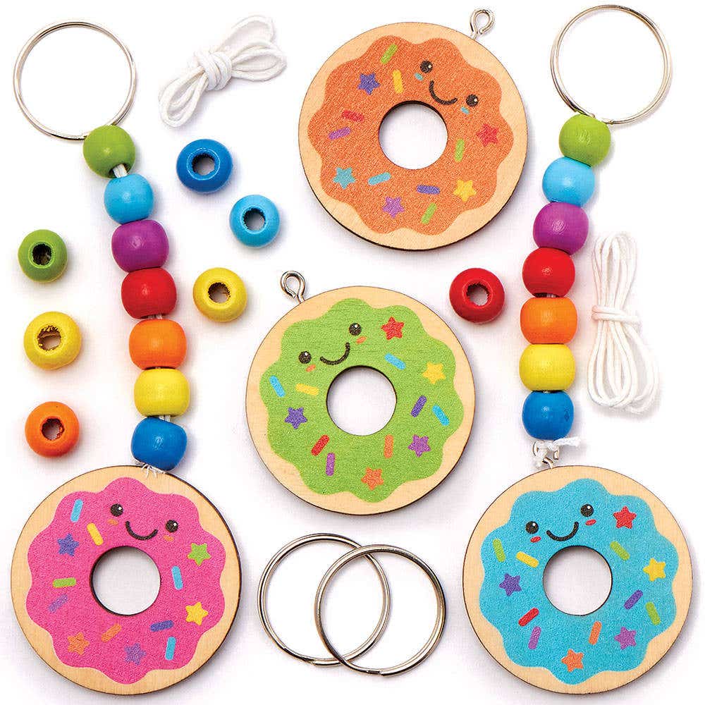 Doughnut Wooden Keyring & Bag Dangler Kits (Pack of 4) 7 Assorted Bead Colours, Finished Size 12cm