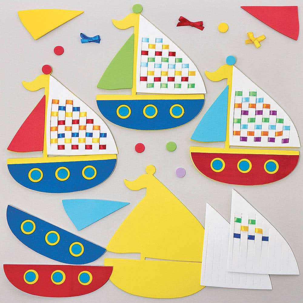 Sailing Boat Weaving Kits (Pack of 6) 7 Ribbon Colours & 6 Designs, Boat Size 22.5cm, Sewing Craft Kits